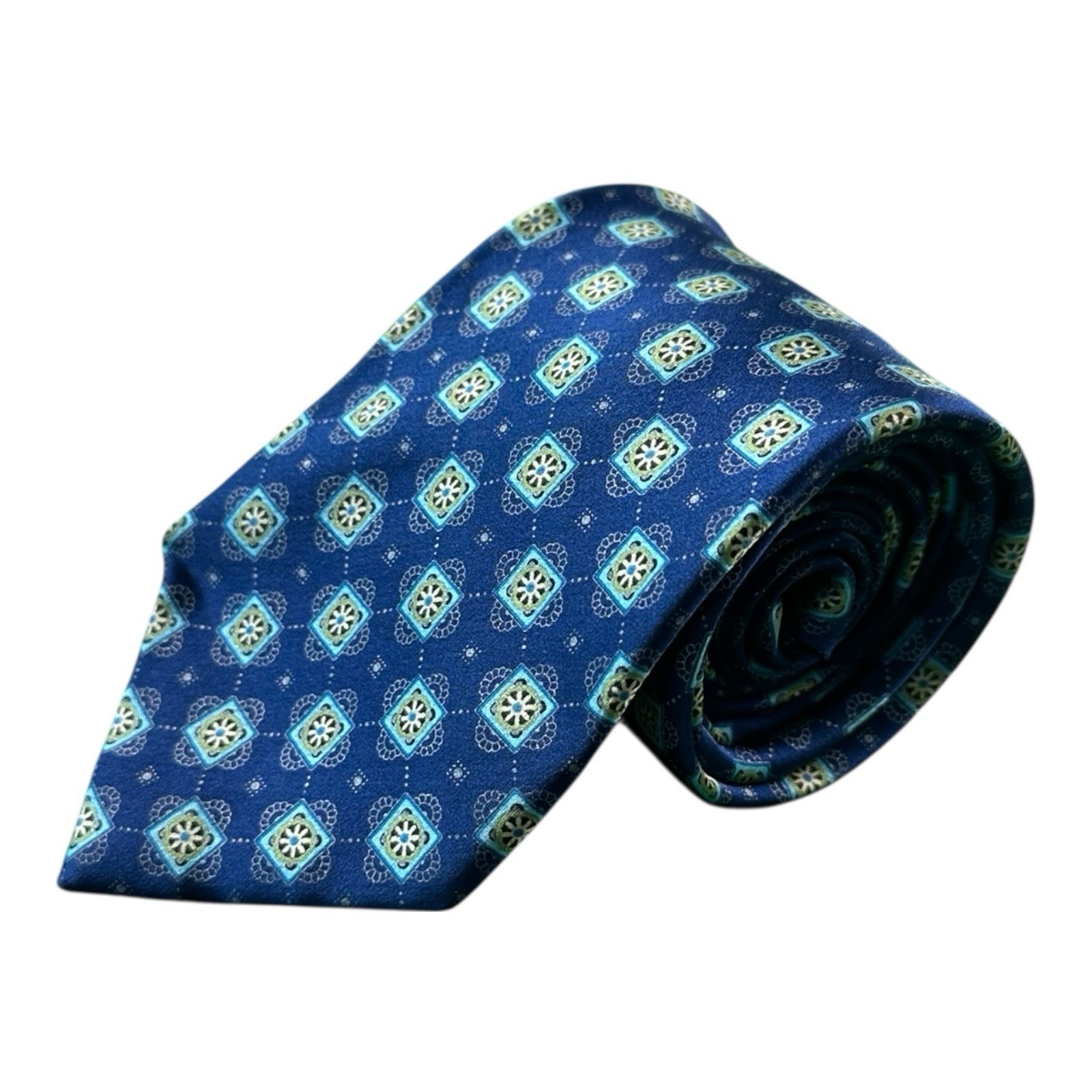 Brioni Blue Green Geometric Smooth Silk Mens Tie 35 Inch Width